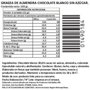 Grageas de Almendras Bañadas en Chocolate Blanco, Sin Azúcar Añadida, 100 g, Tremus