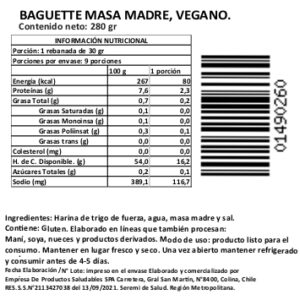 Baguette de Masa Madre Artesanal, Vegana, Sin Azúcar Añadida, 270 g, Tremus