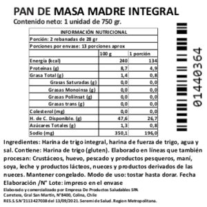 Hogaza Masa Madre Integral Artesanal, Sin Azúcar Añadida, 750 g, Tremus