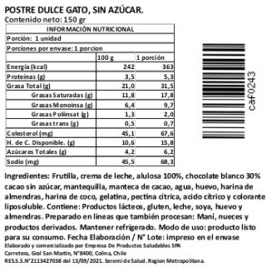 Postre Dulce Gato, Sin Azúcar Añadida, Gourmet Individual, 150 g, Tremus